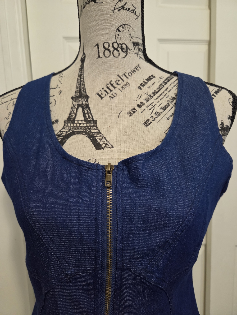 Sleeveless Dark Blue Denim Zip-Front Dress